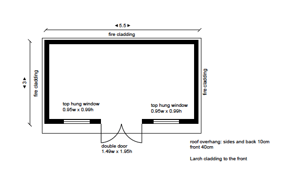 Floor plan of a made to measure timber garden room showing dimesions of 5.5m x 3m featuring double doors and 2 front windows