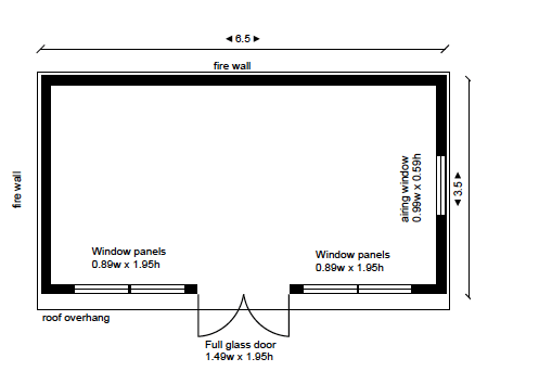Floor plan of a made to measure timber garden room showing dimensions of 6.5m x 3.5m