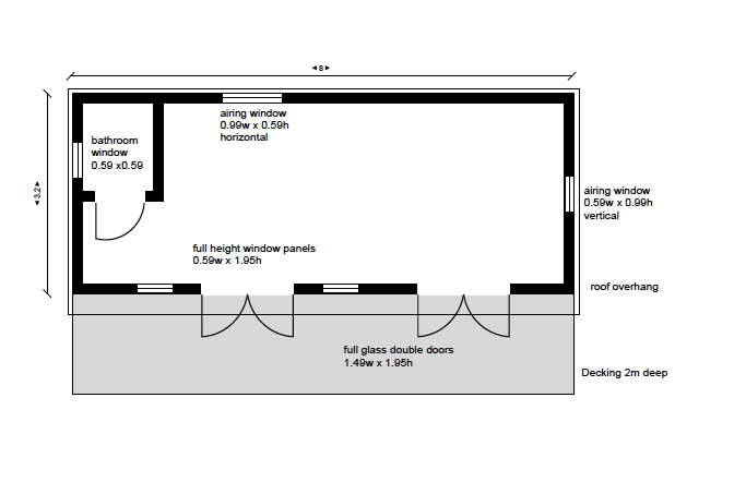 Floor plan of a made to measure timber garden room showing dimensions of 8m x 3.2m. Two sets of double doors and a bathroom