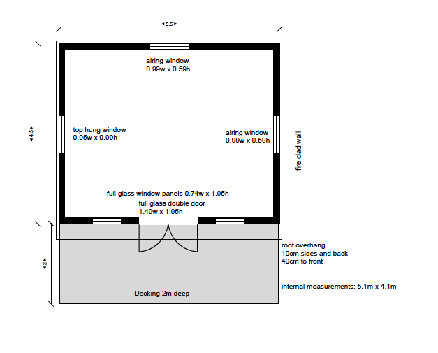 Floor plan of a made to measure timber garden room showing dimensions of 5.5m x 4.5m